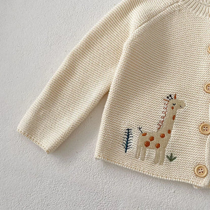 Autumn Baby Girls Animal Embroidery Sweater – Beige Knit O-Neck Cardigan (0-3Y)