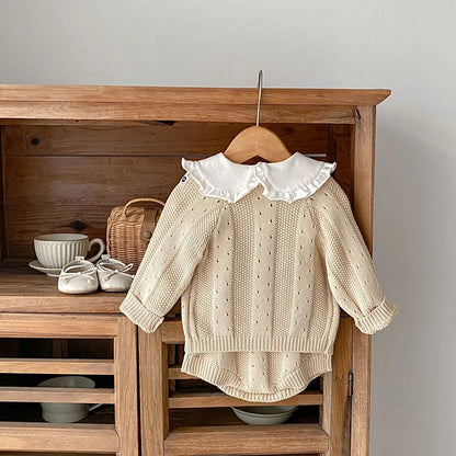 Kleinkind Baby Mädchen Kleidung Set Stickerei Blume Stricken Pullover Beige Body Infant Mädchen Outfit