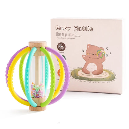 Baby Rattle & Rain Drum - Wooden & Silicone Sensory Teether Toy