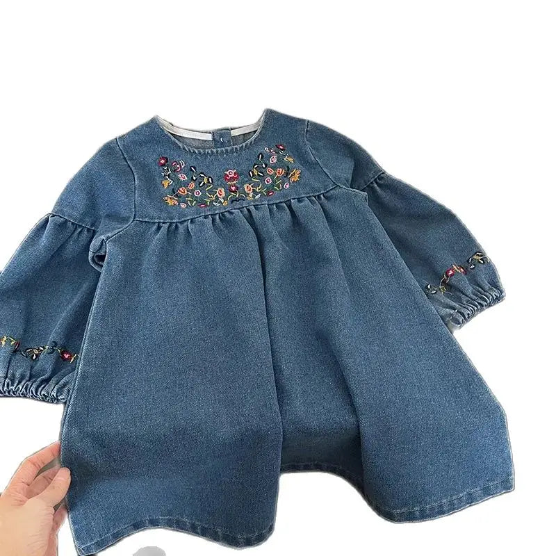 Girls Denim Dresses Autumn New Embroidery Floral Long Sleeve Dress Children's Daily Casual Clothes