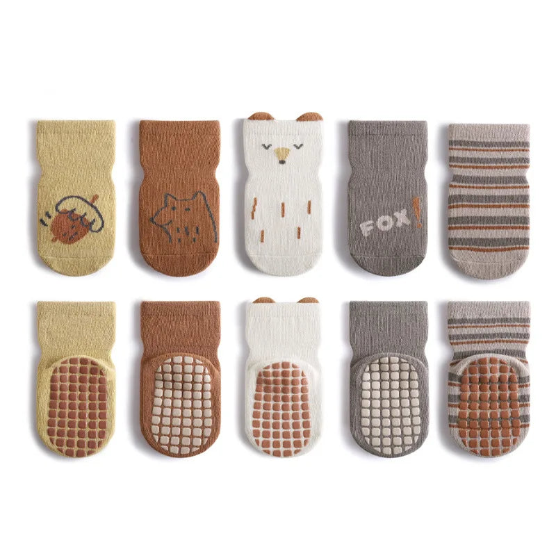 Lot de 5 paires de chaussettes antidérapantes pour bébé, motif dessin animé, pour l'intérieur et l'extérieur (0-5 ans)