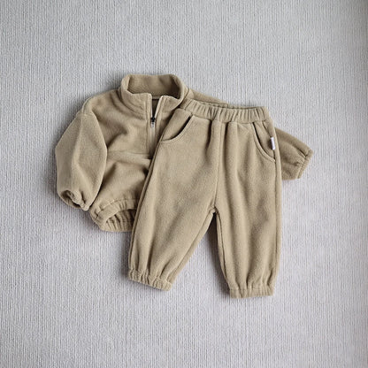 Winter-Sportanzug für Babys, einfarbig, Fleece-Kapuzenpullover, lockere Oberbekleidung für Kleinkinder, 2-teilig (0–3 Jahre)