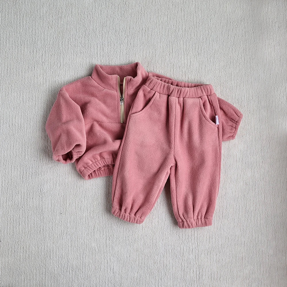 Ensemble de sport d'hiver pour bébé, couleur unie, polaire, sweat à capuche, vêtements d'extérieur amples pour tout-petits, 2 pièces (0-3 ans)