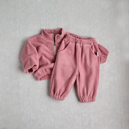 Winter-Sportanzug für Babys, einfarbig, Fleece-Kapuzenpullover, lockere Oberbekleidung für Kleinkinder, 2-teilig (0–3 Jahre)