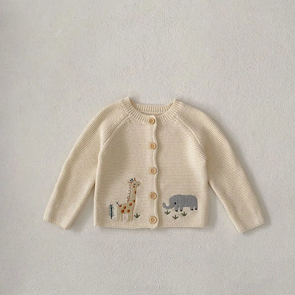 Autumn Baby Girls Animal Embroidery Sweater – Beige Knit O-Neck Cardigan (0-3Y)