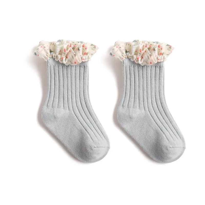 3er-Pack New Flare Babysocken für Mädchen – Chiffon-Socken mit Blumenmuster und Prinzessinnenspitze (0–5 Jahre)