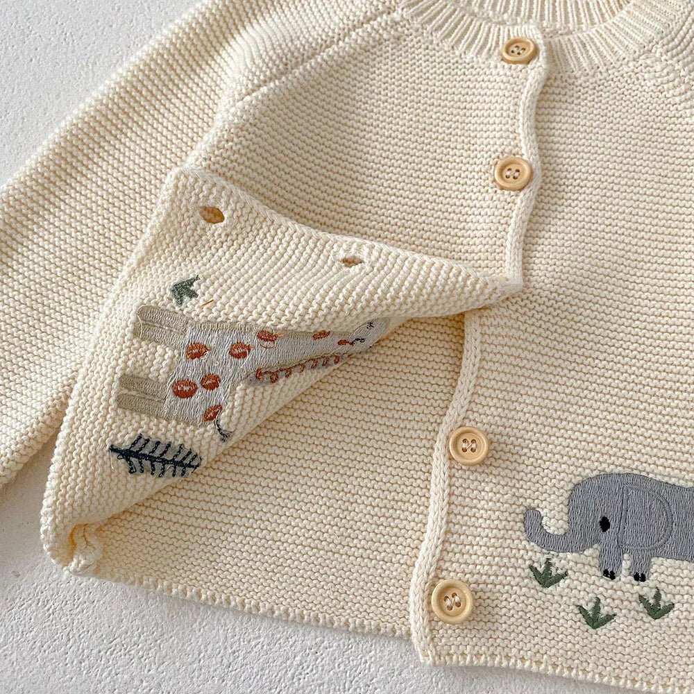 Herbstpullover für Baby-Mädchen mit Tierstickerei – Beigefarbener Strick-Cardigan mit Rundhalsausschnitt (0–3 Jahre)