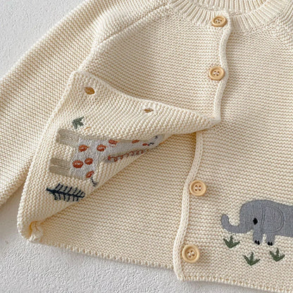 Autumn Baby Girls Animal Embroidery Sweater – Beige Knit O-Neck Cardigan (0-3Y)