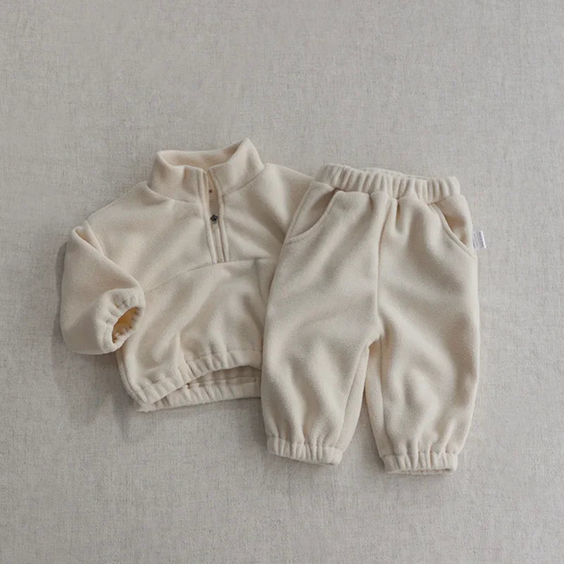 Ensemble de sport d'hiver pour bébé, couleur unie, polaire, sweat à capuche, vêtements d'extérieur amples pour tout-petits, 2 pièces (0-3 ans)