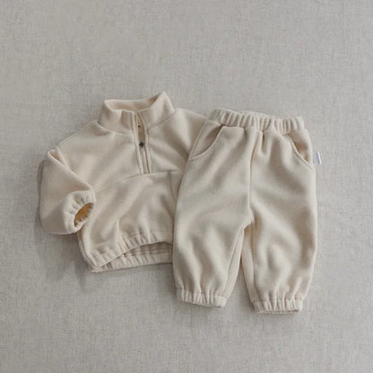 Winter-Sportanzug für Babys, einfarbig, Fleece-Kapuzenpullover, lockere Oberbekleidung für Kleinkinder, 2-teilig (0–3 Jahre)