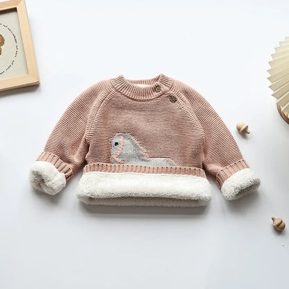 Winter New Cartoon Kids Sweater Fur-Lined Fleece Knitwear Pullover Coat