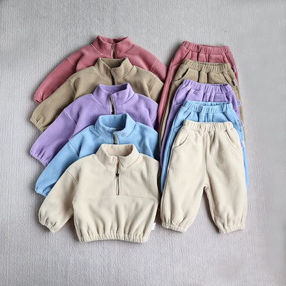 Winter Baby Sports Suit Solid Color Fleece Hoodies Suit Toddler Loose Outwear 2PCS (0-3T)