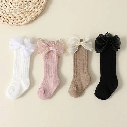 Lot de 4 paires de chaussettes d'automne pour bébé fille – Chaussettes mi-hautes à nœud de couleur unie (0-2 ans)