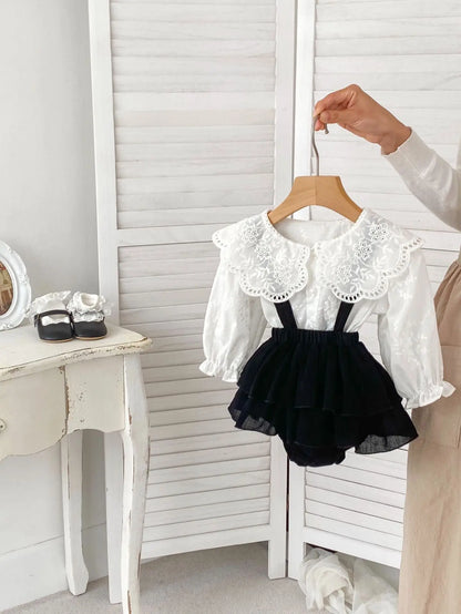 Kleidungsset für Kinder und Baby-Mädchen – Prinzessinnenbluse mit großem Kragen und Spitzen-Body, 2-teiliges Outfit