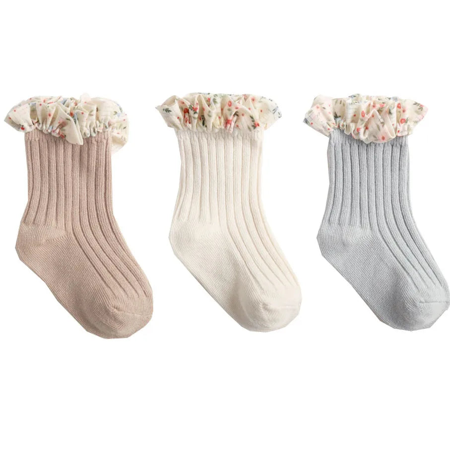 3er-Pack New Flare Babysocken für Mädchen – Chiffon-Socken mit Blumenmuster und Prinzessinnenspitze (0–5 Jahre)