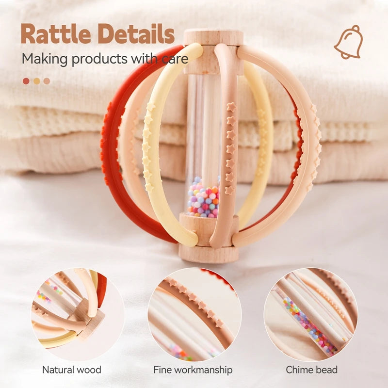 Baby Rattle & Rain Drum - Wooden & Silicone Sensory Teether Toy