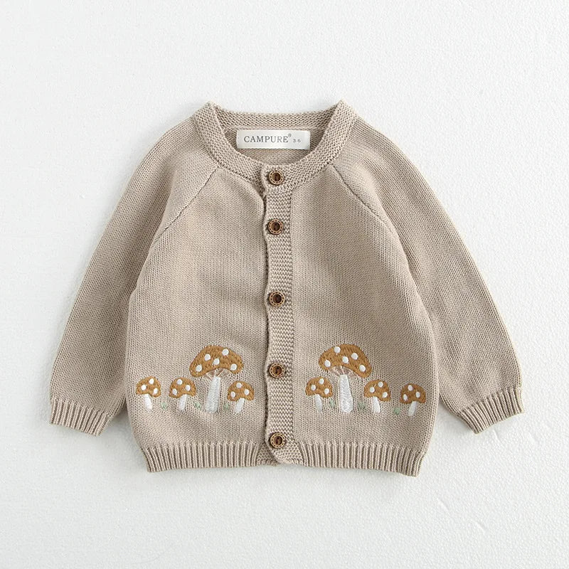 Pull d'automne pour bébé de 0 à 3 ans, cardigan brodé de champignons, manteau tricoté pour garçon avec body en option