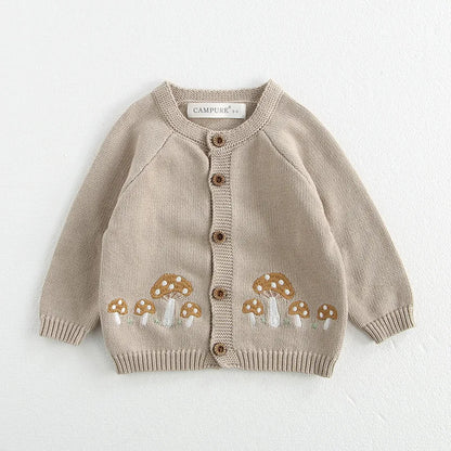 Autumn 0-3Y Baby Sweater Girls Mushroom Embroidery Cardigan Boys Knitted Coat with Optional Bodysuit