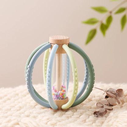 Baby Rattle & Rain Drum - Wooden & Silicone Sensory Teether Toy