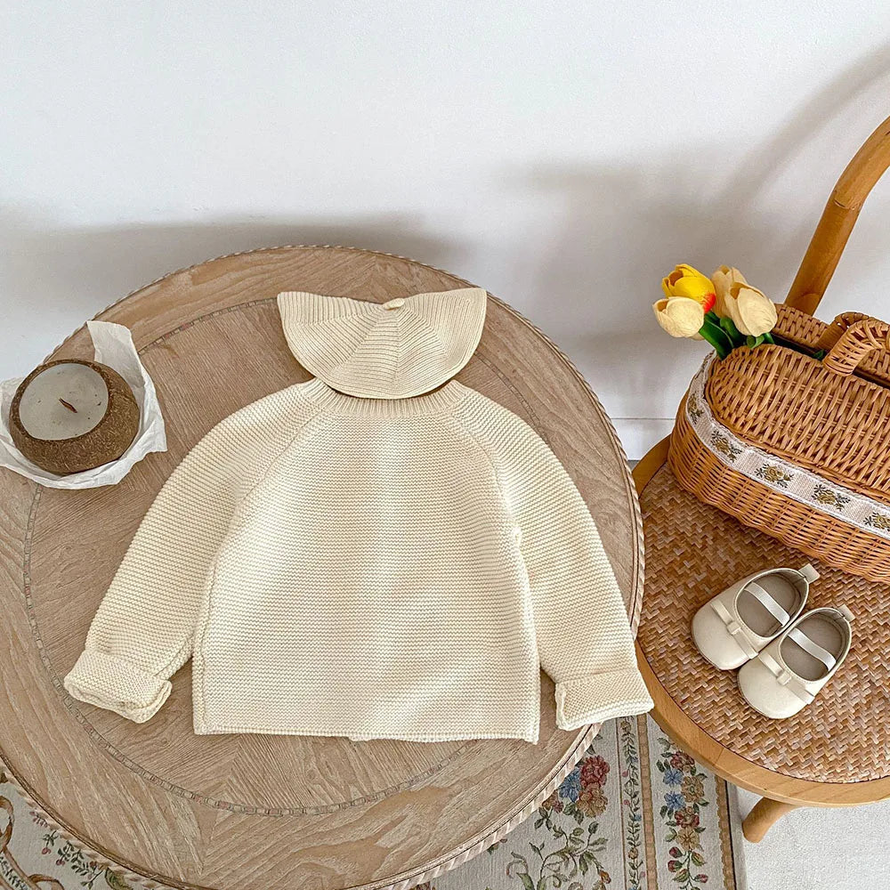 Herbstpullover für Baby-Mädchen mit Tierstickerei – Beigefarbener Strick-Cardigan mit Rundhalsausschnitt (0–3 Jahre)