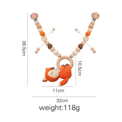 Beißring aus Holz und Rassel zum Aufhängen am Babybett – Gehäkeltes Tier-Trost- und Kinderwagen-Dekor