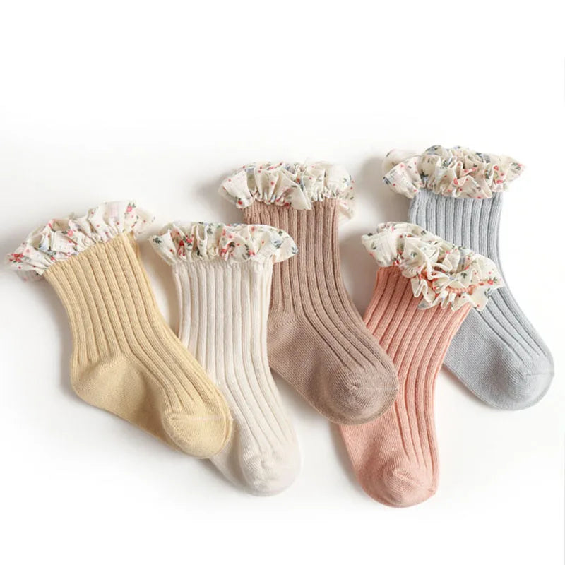 3er-Pack New Flare Babysocken für Mädchen – Chiffon-Socken mit Blumenmuster und Prinzessinnenspitze (0–5 Jahre)