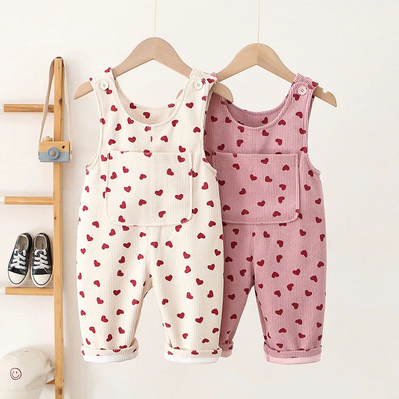 Vêtements de printemps pour bébés de 1 à 4 ans, broderie cœur, salopette unie en velours côtelé, bretelles décontractées, vêtements d'extérieur