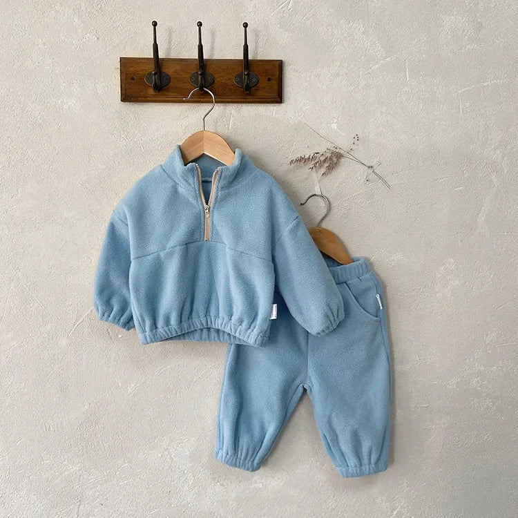 Winter-Sportanzug für Babys, einfarbig, Fleece-Kapuzenpullover, lockere Oberbekleidung für Kleinkinder, 2-teilig (0–3 Jahre)