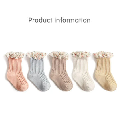 Lot de 3 paires de chaussettes évasées pour bébé fille – Chaussettes mi-tubes en mousseline de soie, motif princesse et dentelle (0-5 ans)