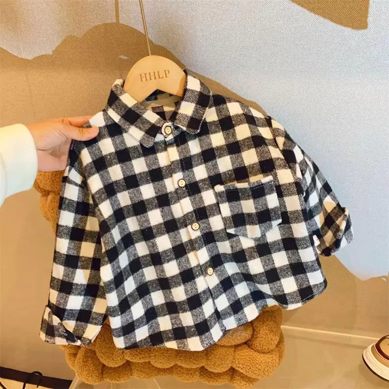 Autumn Kids Plaid Shirt 2-7Y Vintage Style Turn-Down Collar Boys & Girls Casual Top