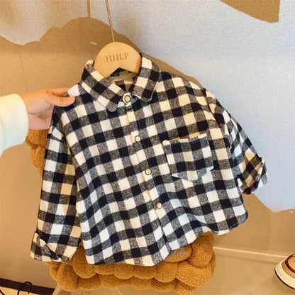 Autumn Kids Plaid Shirt 2-7Y Vintage Style Turn-Down Collar Boys & Girls Casual Top