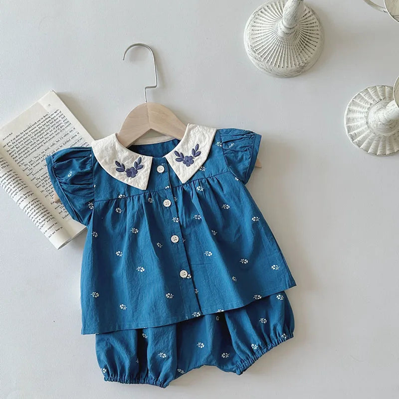 Baby Summer Clothes Set Lovely Peter Pan Collar Blouse and Shorts 2Pcs for Infant Girls Toddler Outfit