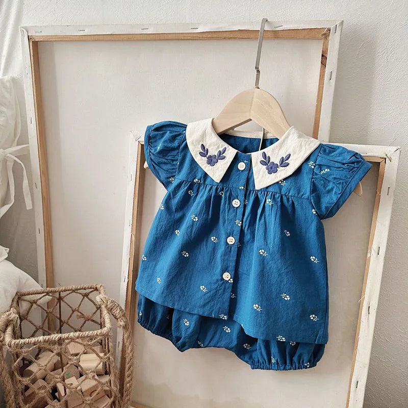 Baby-Sommerkleidungsset mit hübscher Bluse und Shorts mit Peter-Pan-Kragen, 2-teilig, für Kleinkinder, Mädchen