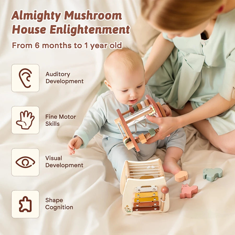 Jouet musical Montessori en bois pour bébé – Puzzle de blocs de construction en forme de champignon pour l'apprentissage précoce