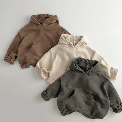 Pull à capuche en tricot fin avec poche avant pour enfants, garçons et filles, pull en tricot ample, manteau en tricot à capuche pour tout-petits