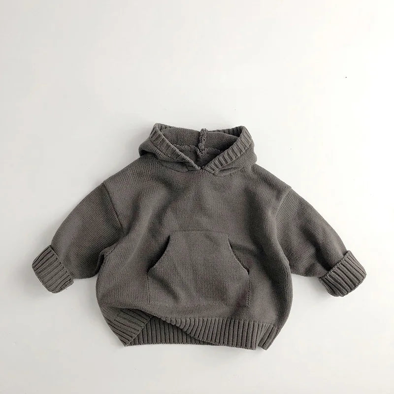 Pull à capuche en tricot fin avec poche avant pour enfants, garçons et filles, pull en tricot ample, manteau en tricot à capuche pour tout-petits