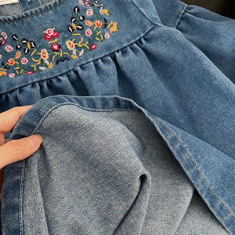 Mädchen Denim Kleider Herbst Neue Stickerei Floral Langarm Kleid Kinder Täglichen Casual Kleidung