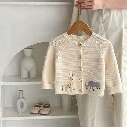 Autumn Baby Girls Animal Embroidery Sweater – Beige Knit O-Neck Cardigan (0-3Y)