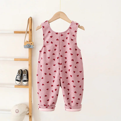 Vêtements de printemps pour bébés de 1 à 4 ans, broderie cœur, salopette unie en velours côtelé, bretelles décontractées, vêtements d'extérieur