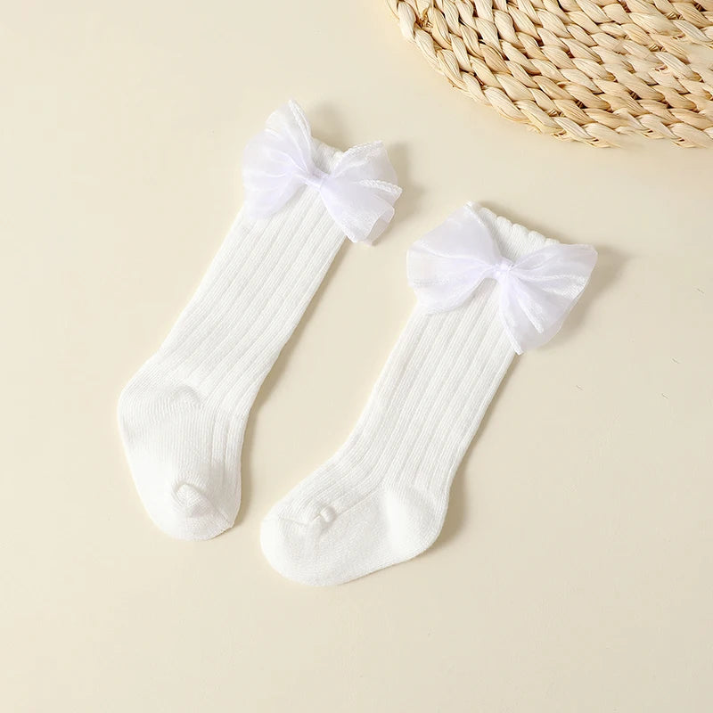 4 Pairs/Lot Autumn Baby Girls Socks – Solid Color Bow Mid-Tube Socks (0-2Y)