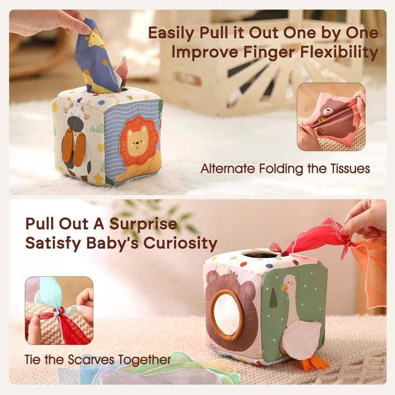 Montessori Baby Busy Board - Cotton Tissue Box & Rattle Toy