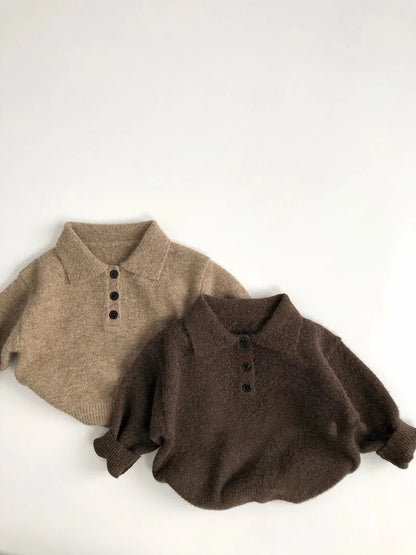 1-6Y Autumn Boys Knit Sweater – Solid Color Turn-Down Collar Pullover & Girls Outwear