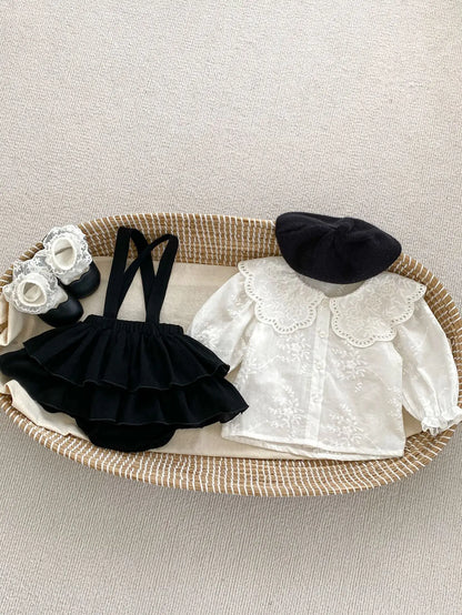 Kleidungsset für Kinder und Baby-Mädchen – Prinzessinnenbluse mit großem Kragen und Spitzen-Body, 2-teiliges Outfit