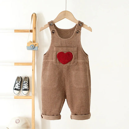 1-4Y Spring Kids Baby Clothes Heart Embroidery Baby Boys Girls Bib Pants Solid Overalls Corduroy Casual Suspender Outwear