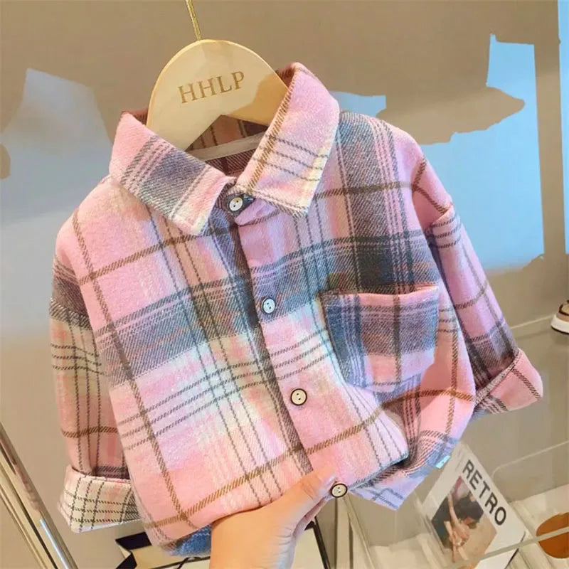 Autumn Kids Plaid Shirt 2-7Y Vintage Style Turn-Down Collar Boys & Girls Casual Top