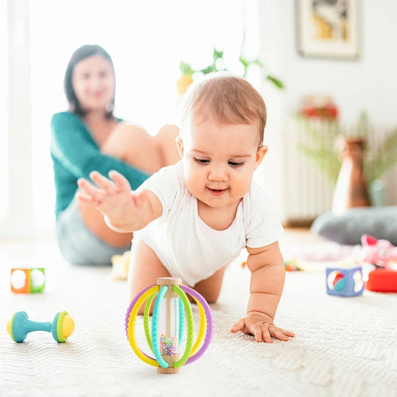 Hochet et tambour de pluie pour bébé - Jouet de dentition sensoriel en bois et silicone