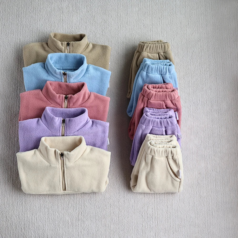 Winter Baby Sports Suit Solid Color Fleece Hoodies Suit Toddler Loose Outwear 2PCS (0-3T)