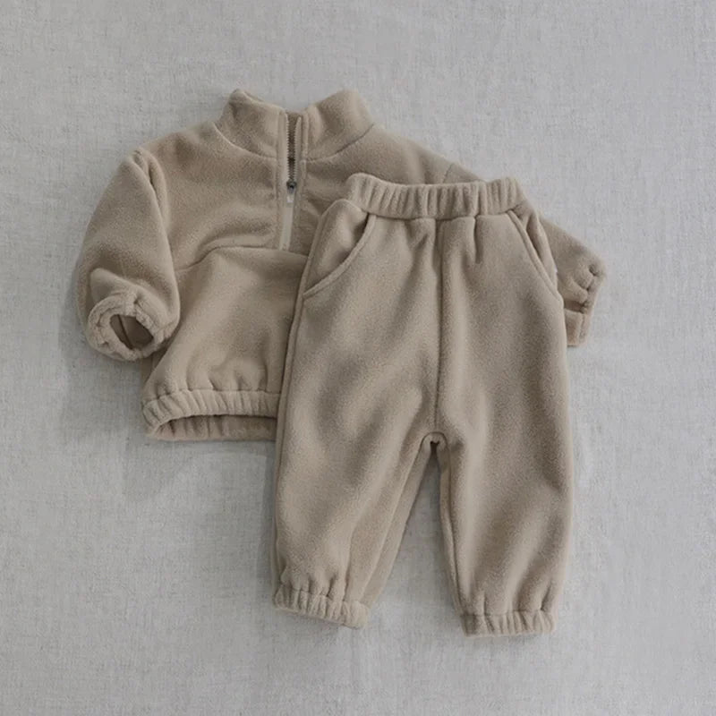 Ensemble de sport d'hiver pour bébé, couleur unie, polaire, sweat à capuche, vêtements d'extérieur amples pour tout-petits, 2 pièces (0-3 ans)