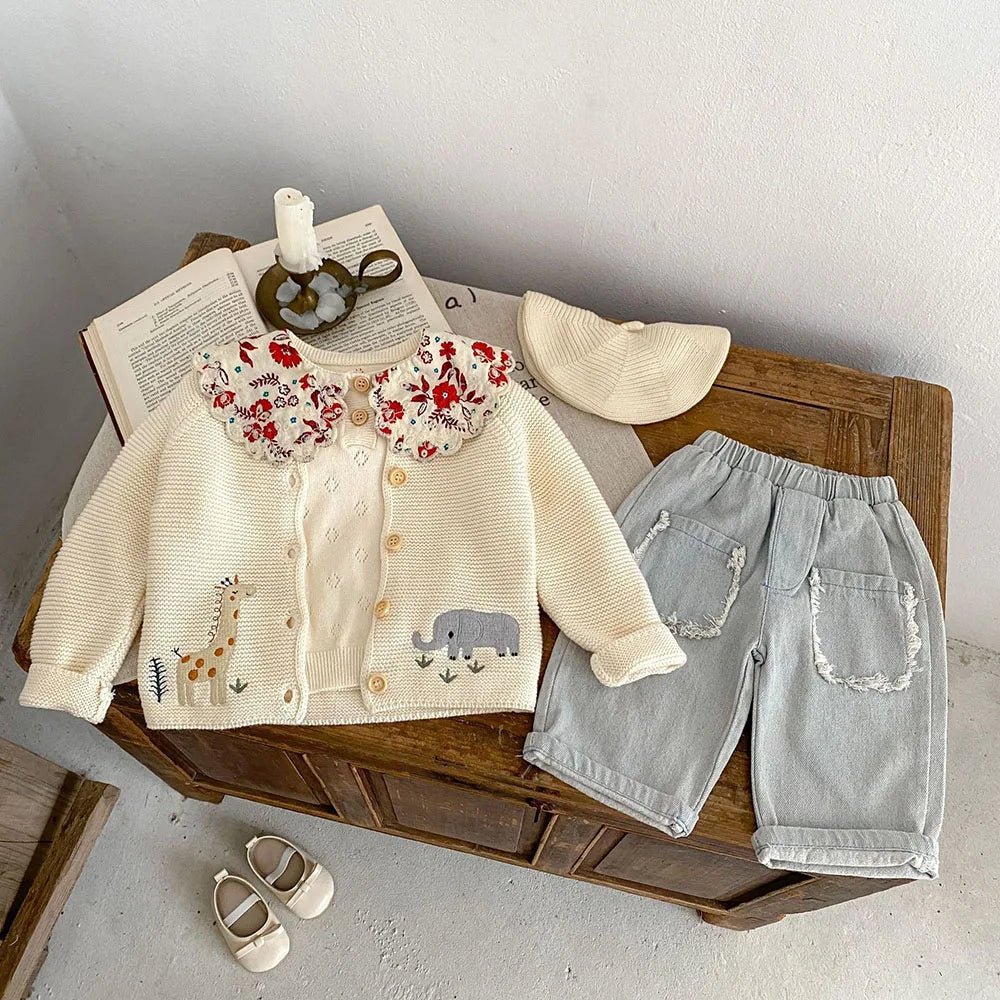 Pull d'automne brodé d'animaux pour bébé fille – Cardigan beige en tricot à col rond (0-3 ans)