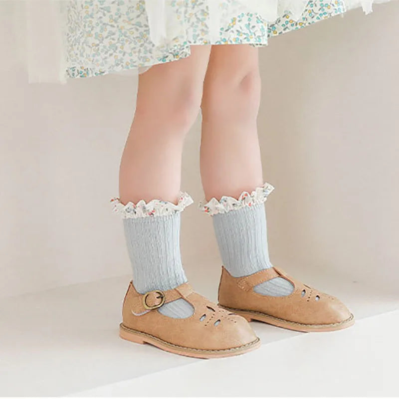 Lot de 3 paires de chaussettes évasées pour bébé fille – Chaussettes mi-tubes en mousseline de soie, motif princesse et dentelle (0-5 ans)